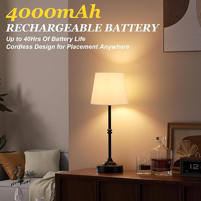 Kakanuo Rechargeable Cordless Table Lamp Black - 1 Pack 4000mAh Battery Operated Lamp, Touch Control Stepless Dimming, for Home Decor, Dining Table, Living Room, Bedroom