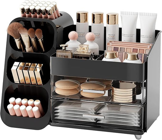 Makeup Organizer for Vanity with Brush Holder, Large Plastic Bathroom Countertop Skincare Organizer with 2 Drawers, Spacious Cosmetic Display Case for Perfumes, Eyeshadow Palettes, Nail Polishes