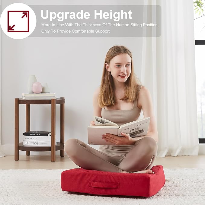 JKMAX 22 inches Floor Pillow for Adults - Large Meditation Cushion with Thick Foam & Soft Tufted Cover - Premium Outdoor Square Floor Cushion Seat - Yoga Pillows for Sitting On Floor - Burgundy
