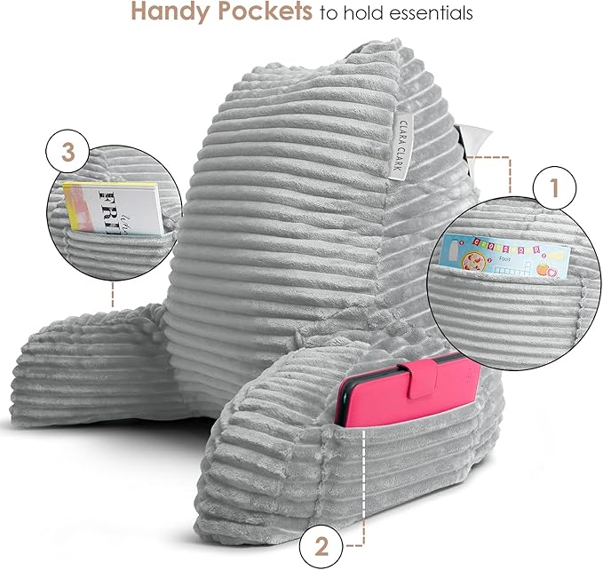 Clara Clark Reading Pillow for Bed Adult–Back Pillow for Sitting in Bed, Standard Plush Bed Pillows for Sitting Up in Bed, Shredded Foam Bed Chair Pillow with Arms and Pockets, Silver Bed Rest Pillow