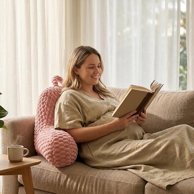 Faux Fur Reading Pillow for Bed Adults, Ultra Soft Plush Floor Backrest Pillow with Side Pockets for Bed & Couch, Perfect for Reading, Watching TV, Gaming, Relaxing, Pink