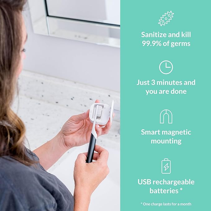 Bril UV-C Toothbrush Cleaner and Holder – Wall Mounted Toothbrush Head Cover, Electric & Manual Brush Cleaner Cover Case with Magnetic Mount, Portable, Durable, Rechargeable, Universal Fit – White