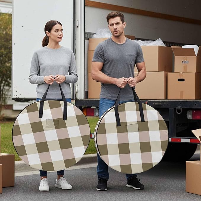 Brown Yellow Plaid Round Storage Bag 24 Inch, Simple Pattern Clothes Storage Container with Handles Heavy Duty Organizer for Comforter, Bedding & Holiday Wreaths