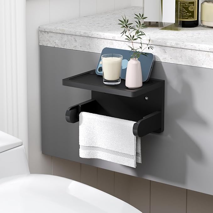 VERTORGAN 2 Pack Toilet Paper Holder with Phone Shelf,Bamboo Wall Mounted Tissue Roll Holder for Bathroom(Black)