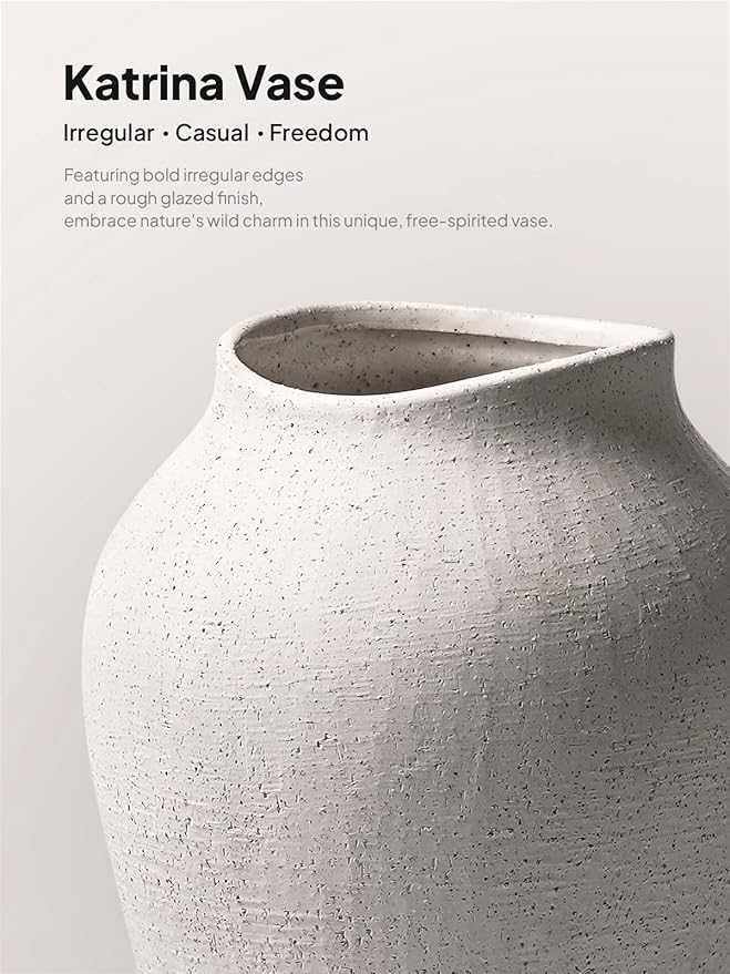 White Ceramic Vase - Large 11.8 Inch Tall Floor Vase for Centerpieces, Farmhouse Flower Vases, Rustic Minimalist Home Decor for Living Room, Enterway, Wedding (Sandstone White)