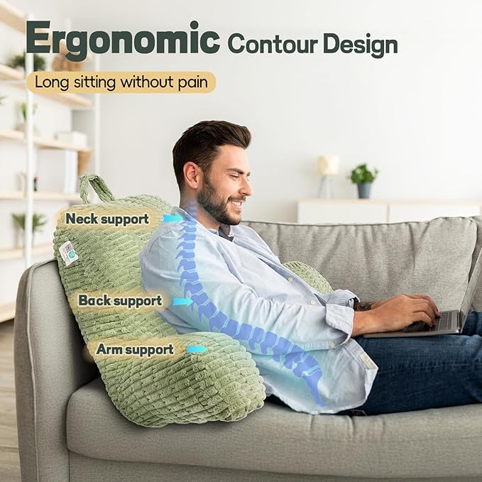 21" Higher Large Reading Pillow for Bed Adult, Back Pillow for Bed Sitting Up with Memory Foam Back Support with Arms Rest for Couch Chair Sage Green