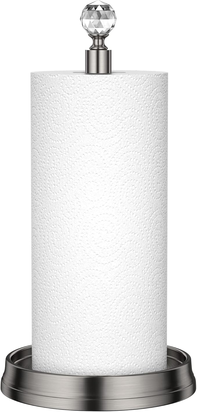 KASUNTO Paper Towel Holder with Crystal Ball - Steel Countertop Stand, Fits Standard & Jumbo Rolls, Brushed Nickel