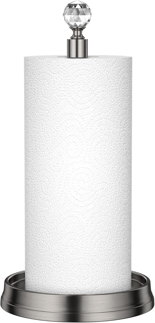 KASUNTO Paper Towel Holder with Crystal Ball - Steel Countertop Stand, Fits Standard & Jumbo Rolls, Brushed Nickel