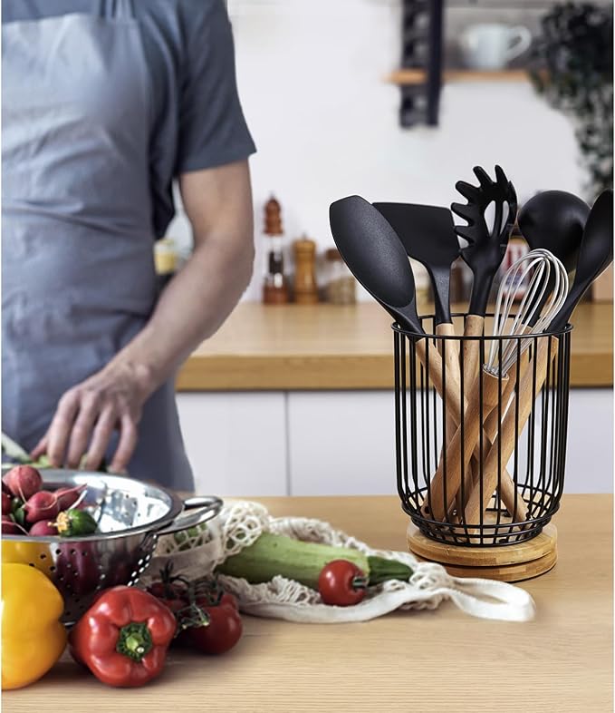 WDT Tool Utensil holder for Kitchen Counter，Large Utensils Holder For Farmhouse Cooking, Utensil Caddy Spatula Holder (Rotating+Metal+Bamboo-1)