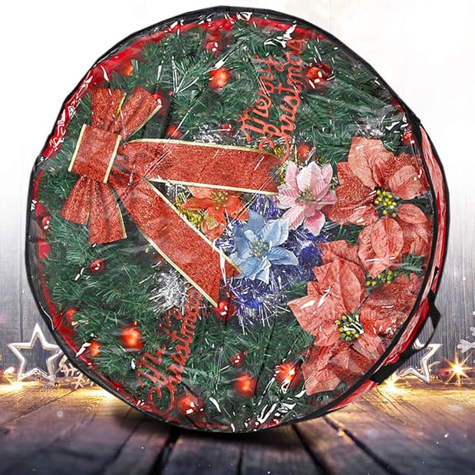 Propik Christmas Wreath Storage Bag 36" - Garland Holiday Container with Clear Window - Tear Resistant Fabric - 36" X 36" X 8" (Red)