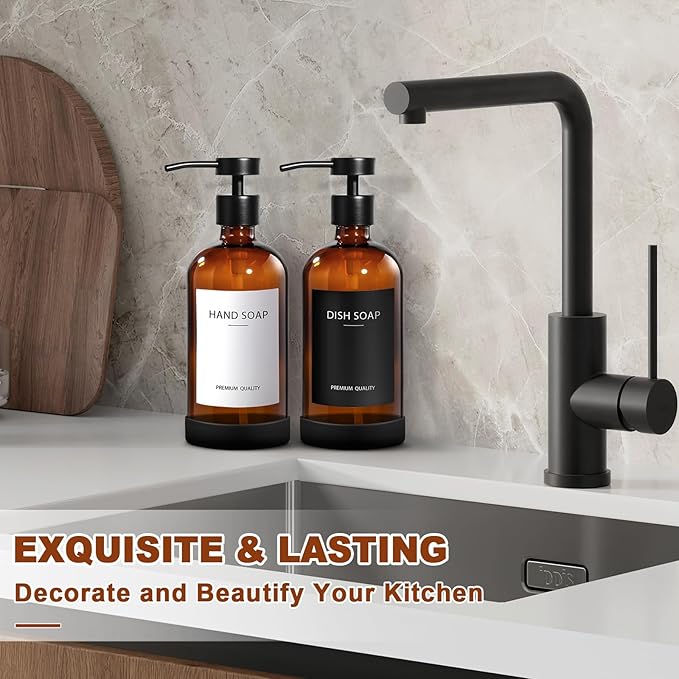 RYTOXILO Hand Soap Dispenser for Bathroom 2 Pack, Amber Glass Soap Dispenser with Stainless Steel Pump, 16.9 Fl oz Hand and Dish Soap Dispensers Set Kitchen, Modern Brown Soap Lotion Dispensers Bottle