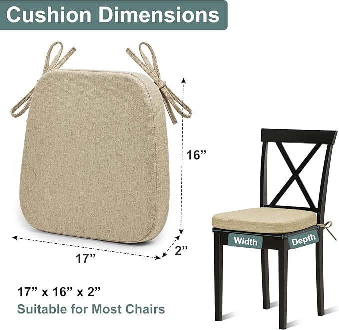 Shinnwa Dining Chair Cushions Set of 6, Patented Design Memory Foam Seat Cushions with Ties and Washable Cover, 6 Pack, 17" x 16" x 2", Natural Linen