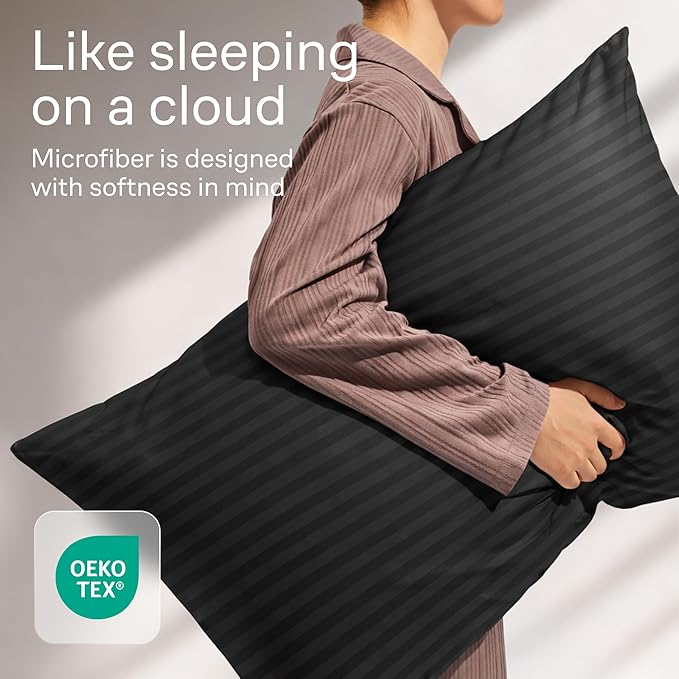 Ultra Soft Pillow Protectors with Zipper Queen Size - Set of 4 Breathable Pillow Covers - 100% Protection Against Stains, Dust & Dirt - Machine Washable (Striped Black)