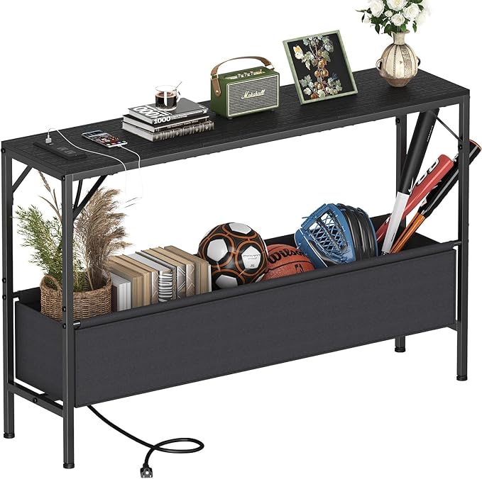 Asgolion Narrow Console Table, 47.2" Long Entryway Table with Storage & Power Outlets, Hallway Table, Mordern IndustrialSofa Tables for Living Room, Bedroom, Foyer, Office, Anti-tip Kit, Black