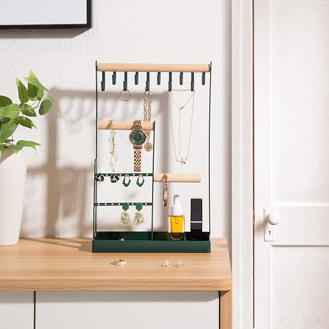 ProCase Jewelry Stand Holder Organizer, 4-Tier Necklace Holder with Ring Tray, 10 Hooks Necklaces Hanging Small Jewelry Display Storage Tower Tree for Bracelets Earrings Watches -Medium, Green