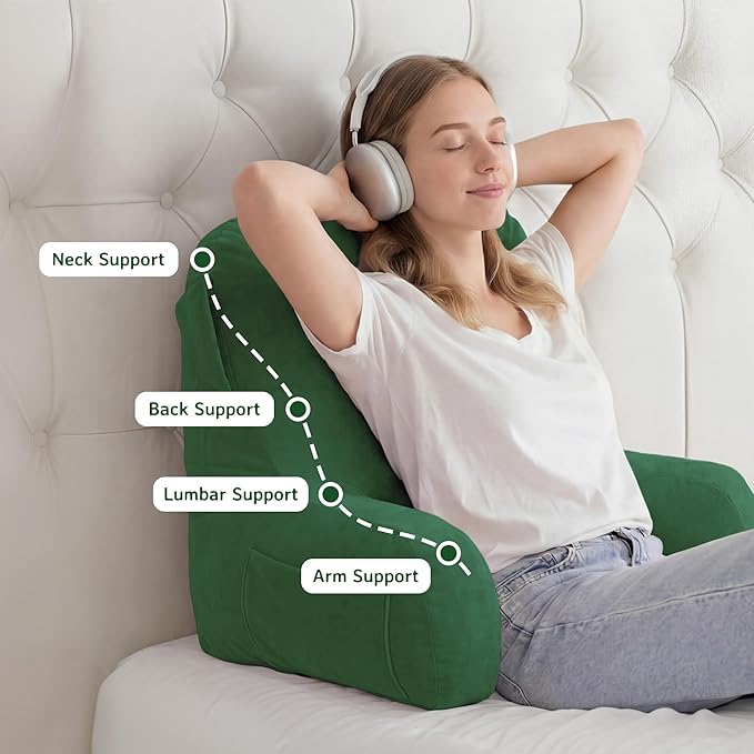 Unisakey Portable Comfy Reading Pillows for Bed Sitting Up(Green Oeko-Tex), Velvet Back Pillow with Arms & Pockets for Adults, Support Memory Foam Bed Pillow for Dorm/Reading/Watching/Gaming