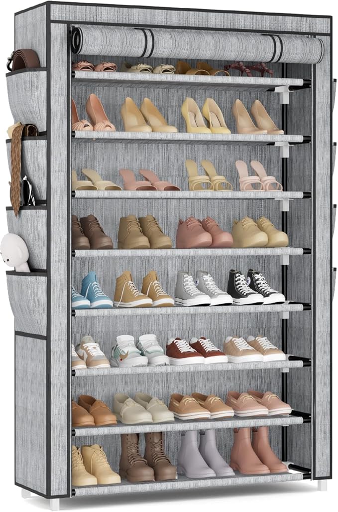 VILICK Shoe Rack with Cover, 8 Tier Tall Shoe Organizer Storage for 36-45 Pair Shoes and Boots Large Shoe Storage Shelf Free Standing Shoe Rack for Closet, Front Door Entrance, Dorm, Garage, Printing
