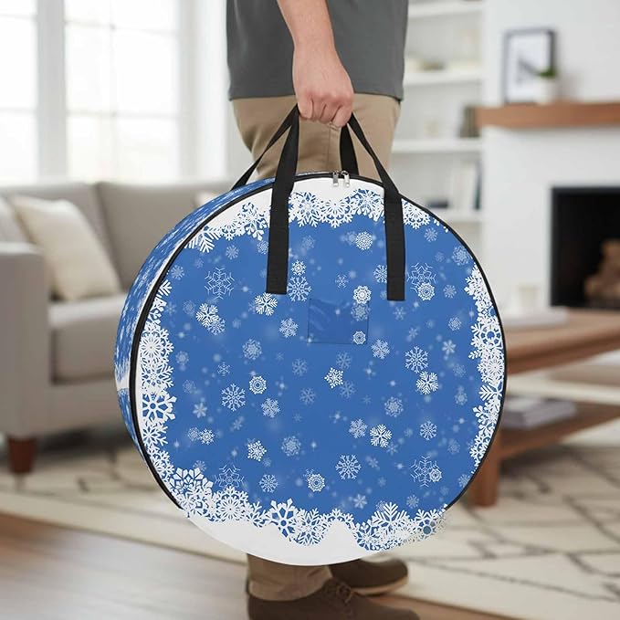 Christmas Dreamlike Round Storage Bag 24 Inch, Winter Snowflake Blue Background Clothes Storage Container with Handles Heavy Duty Organizer for Comforter, Bedding & Holiday Wreaths