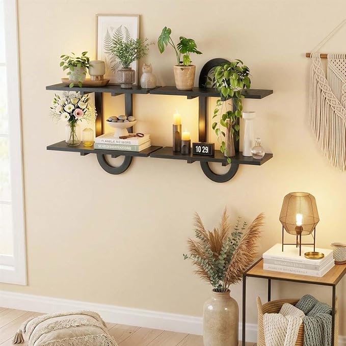Floating Shelves, 2Pcs Wall Mounted Shelves with 2-Tier Bathroom Hanging Storage Shelves Set for Living Room Bedroom Bathroom Office Kitchen, Black