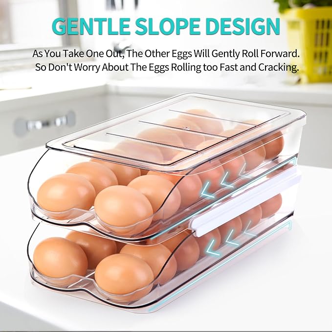 RoskDeewat Egg Holder for Fridge, Automatically Rolling Egg Container for Refrigerator, Clear Plastic Fridge Organizers and Storage with Lid, Stackable Egg Dispenser & Tray (3 Tier)