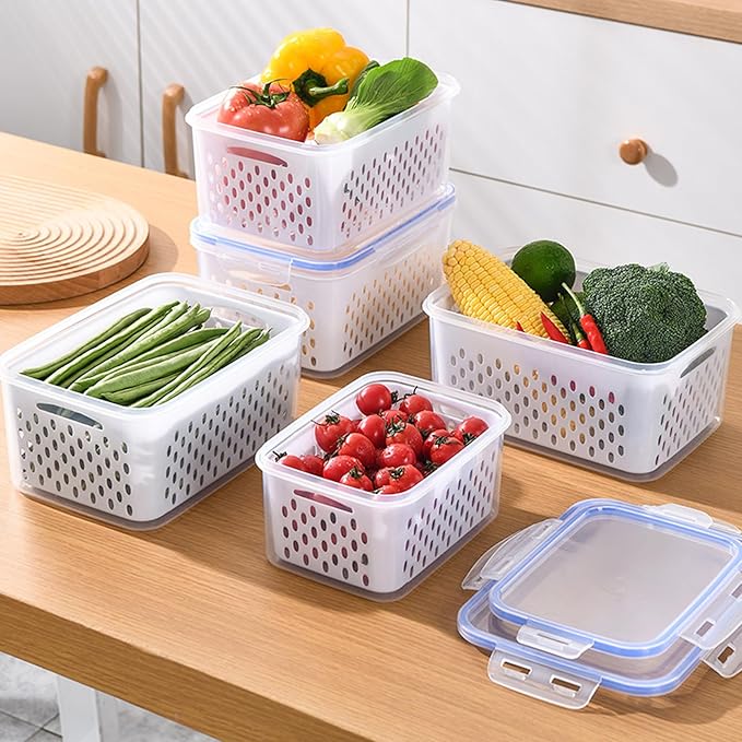 3 PCS Fruit Storage Containers for Fridge Food Berry Storage Container Set with Removable Strainer Lid Berries Container for Fridge BPA-Free Plastic Crisper for Long-Term Freshness