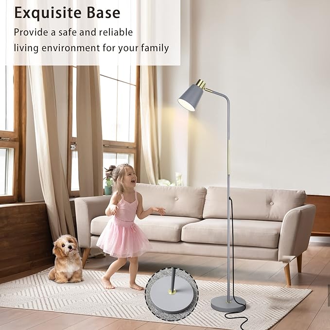 LALISU Floor Lamp, Industrial Floor Lamps for Living Rooms Rustic Farmhouse Reading Standing Floor Lamp Adjustable Metal Heads Indoor Task Lighting for Living Room Bedroom Office Home Décor (Grey)