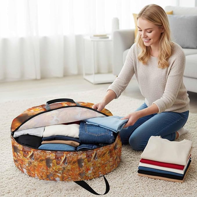 Orange Leaves and Squirrel Round Storage Bag 36 Inch, Fall Maple Leaf Thanksgiving Clothes Storage Container with Handles Heavy Duty Organizer for Comforter, Bedding & Holiday Wreaths