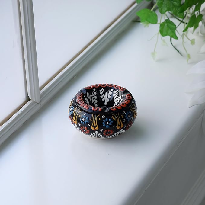 Decorative Ceramic Jar-Colorful Decorative Jar with Lid-Handmade Small Decorative Jar-Windproof Unique Jars-Turkish Home Decor (Black)