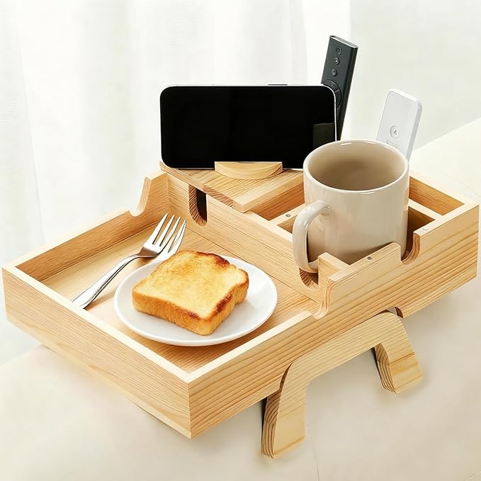 Couch Armrest Table, Sofa Arm Tray with Cup Holder w/360° Rotated Phone Holder, Pine Wood Sofa Arm Clip-On Side Table for Drink Snack Remote Holder