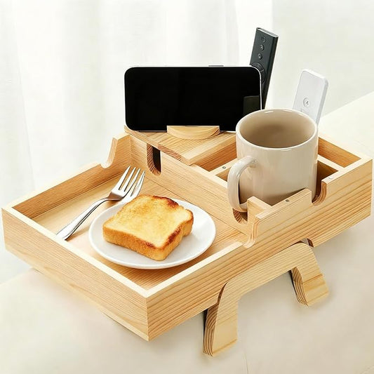 Couch Armrest Table, Sofa Arm Tray with Cup Holder w/360° Rotated Phone Holder, Pine Wood Sofa Arm Clip-On Side Table for Drink Snack Remote Holder