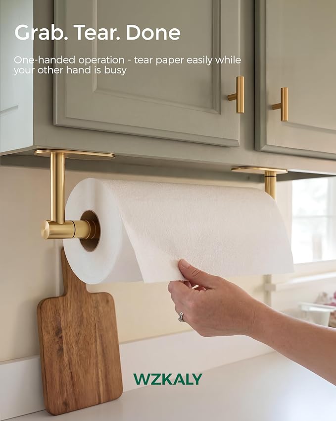 Gold Paper Towel Holder Under Cabinet, Self Adhesive or Wall Mount for Kitchen Bathroom, Stainless Steel Paper Towel Holders with Damping Effect, Single Hand Operable