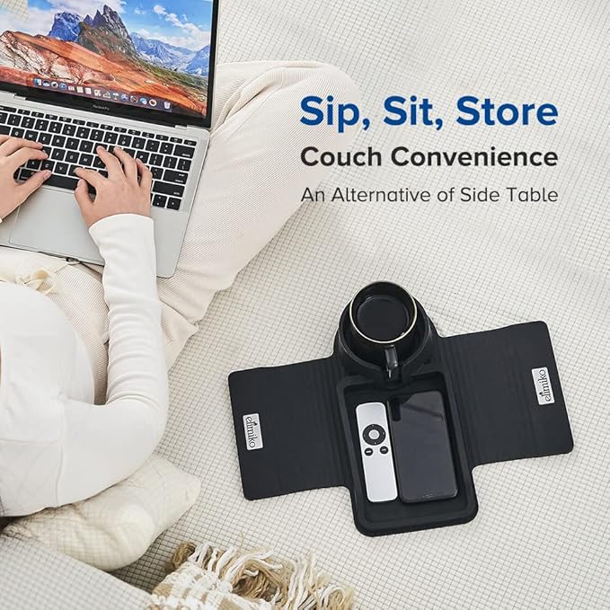 Couch Cup Holder Tray, Elimiko Silicone Sofa Drink Holder with Large Cup Holder and Tray, for Oversized Mugs/Long Remote/Snacks/Cellphone (Black)