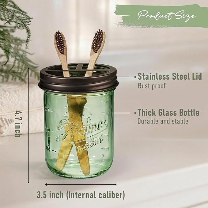 SheeChung Mason Jar Toothbrush Holder, Green Glass Toothbrush Holder for Bathroom Countertop Organizer, Stainless Steel Lid, Electric Toothbrush Toothpaste Holder Storage, Bronze Bathroom Accessories