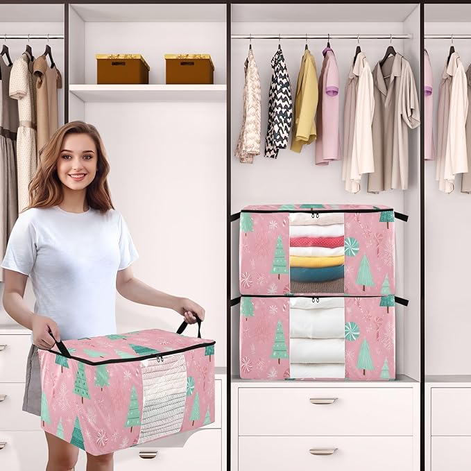 OTVEE Christmas Trees with Snowflakes Clothes Storage, 60L Foldable Storage Containers for Organizing Bedroom, Closet, Clothing, Comforter, Organization and Storage with Lids and Handle