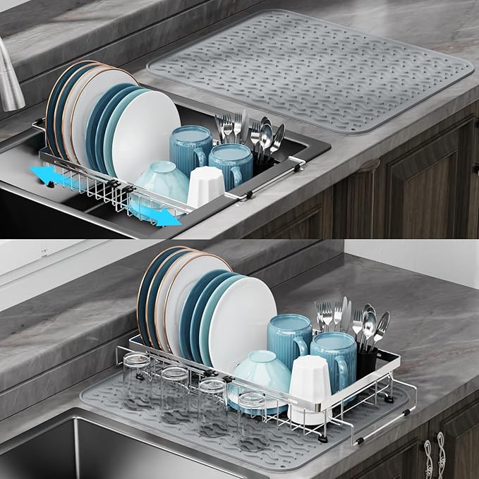 GSlife Expandable Dish Drying Rack for Large Sink- Stainless Steel Over the Sink Dish Drainer with Silicone Drying Mat and Locking Knob for Kitchen, 12.8" W x 13.4"-20.5" L, Silver