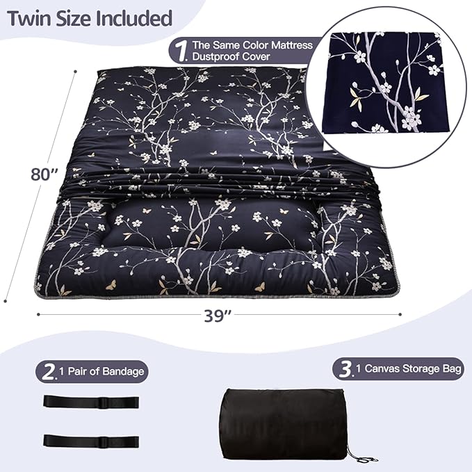 MAXYOYO Navy Floral Printed Japanese Floor Mattress Rustic Style Futon Mattress Foldable Roll Up Camping Lounger Couches and Sofas Mattress Topper Twin Size