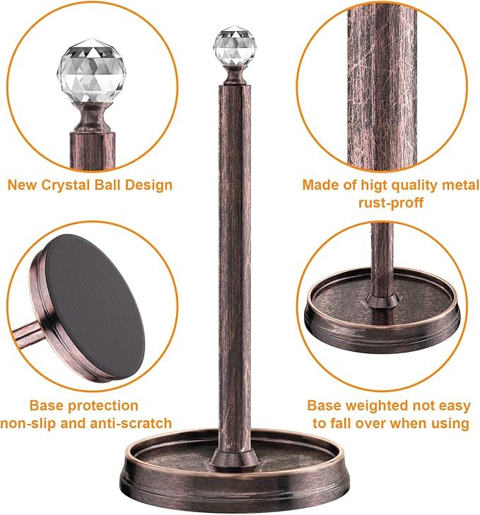 Kasunto Paper Towel Holder (with Crystal Ball) Steel Paper Towel Holder countertop，Paper Towel Holder Stand for Kitchen Countertops, Bars & Dining Tables,Fits Standard & Jumbo Rolls,Oil Rubbed Bronze