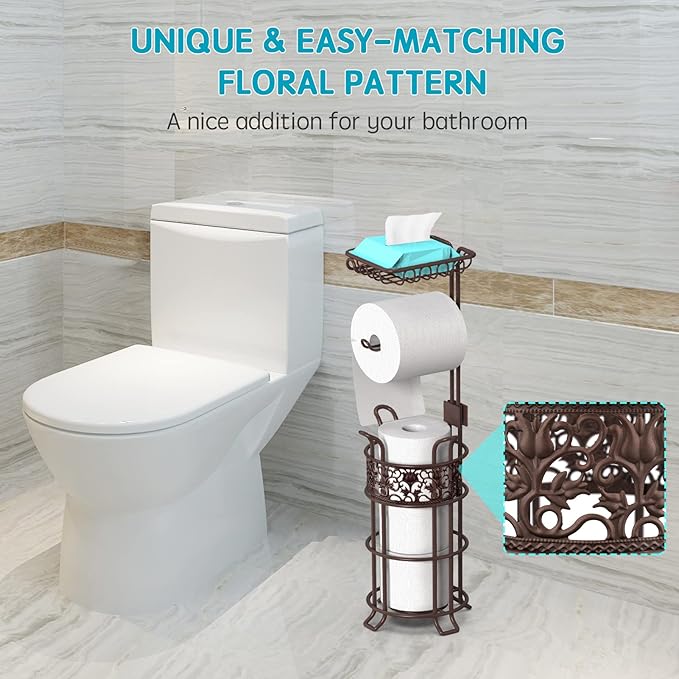 Upgraded Toilet Paper Holder Stand for Bathroom, Holds 3 Big Rolls of Jumbo Mega Paper, Top Shelf for Wipes Tissue, Sturdy Freestanding Paper Roll Dispenser, Floral Pattern, Bronze Red