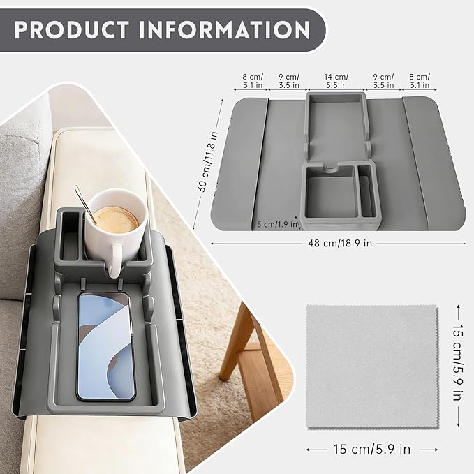 2Pcs Couch Cup Holder Tray, Couch Arm Cup Holder, Large Anti-Slip Couch Cups Holder with Side Pocket, Silicone Sofa Armrest Organizer for Snacks/Remote/Phone/Fruit, Gift for Holiday