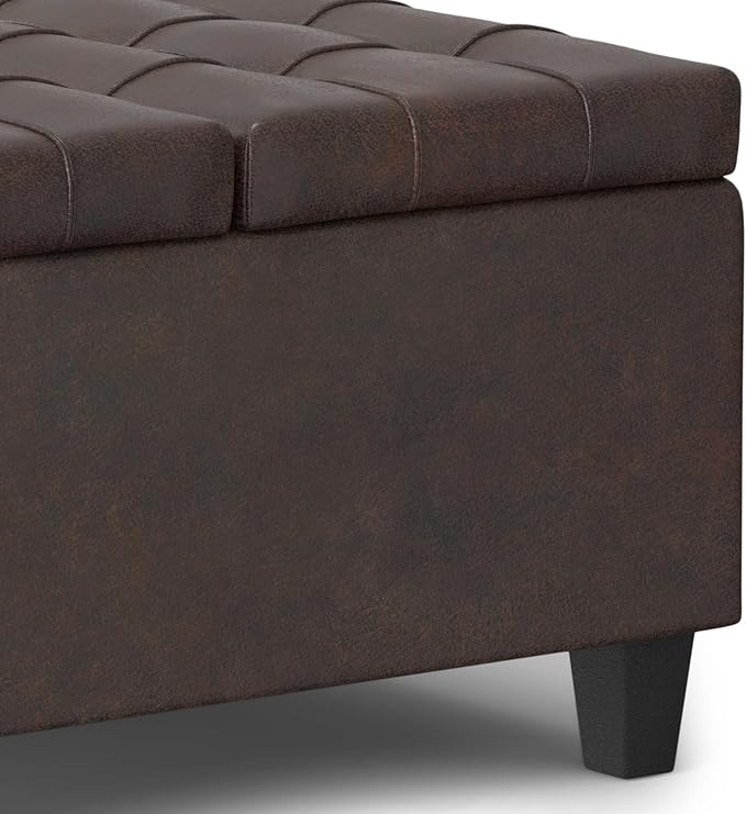 SIMPLIHOME Harrison Small Coffee Table Storage Ottoman - 30 inch Wide Upholstered Vegan Leather Square Lift-Top Ottoman in Distressed Brown, Transitional Ottoman for Living Room with Hidden Storage
