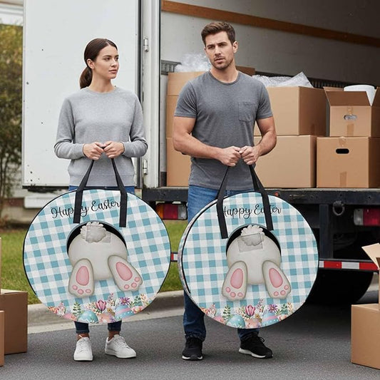 24 Inch Round Storage Bag 2 Pack,Easter Day Bunny Tail Blue Check Waterproof Wreath Storage Container with Handles&Zipper Spring Cute Rabbit White Grid Closet Organizer Bags Garland Box