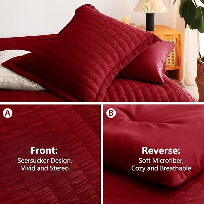 CozyLux Full Size Comforter Sets with Sheets 7 Pieces, Dark Red Seersucker Bed in a Bag Textured Luxury Soft Bedding Set with Down Alternative Comforter, Sheets, Pillowcases & Shams for All Season