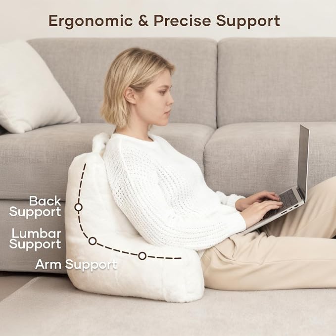 NOONTIDE Reading Pillow for Sitting up in Bed and Couch,Large Back Pillow for Adult & Teens with Soft Adjustable Neck Roll Backrest Pillow,Washable Cover,Watching TV/Gaming/Relaxing(FurryWhite)