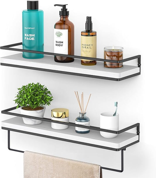 Meangood Floating Shelves Wall Mounted Set of 2, Wall Shelf with Towel Bar Rustic Wood Wall Storage Shelves for Bedroom,Living Room,Bathroom, Kitchen White