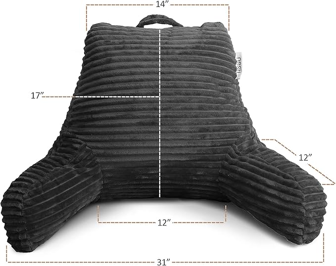 Clara Clark Reading Pillow for Bed Adult – Back Pillow for Sitting in Bed, Standard Plush Bed Pillows for Sitting Up in Bed, Shredded Foam Bed Chair Pillow with Arms and Pockets, Grey Bed Rest Pillow