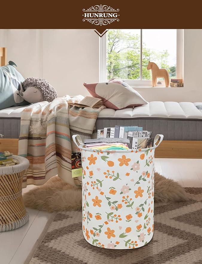 HUNRUNG Collapsible Fabric Storage Basket, Waterproof Laundry Hamper with Handles, Round Storage Bin for Clothes Toys, Foldable Organizer for Bedroom Nursery Bathroom(Round-Orange Flower)