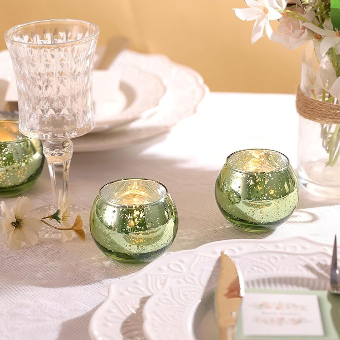 LAMORGIFT 12 Pcs Green Candle Holder for Wedding Decor- Sage Green Mercury Glass Votives for Bridal Shower, Tea Party Table Centerpieces, Vintage Rustic Wedding