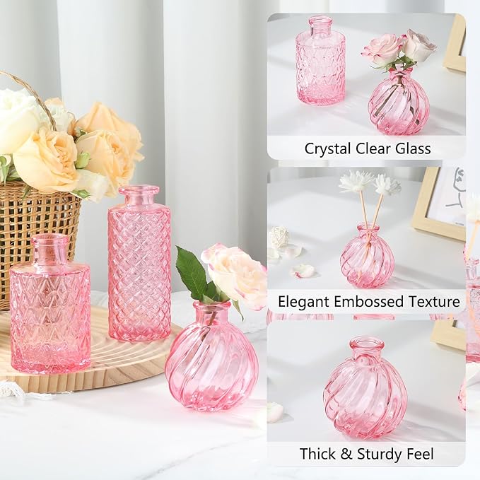RUCKAE 22 Pack Pink Small Vases Glass Mini Bud Vase in Bulk Vintage Pink Flower Vases for Wedding,Centerpieces Home Decor and Party