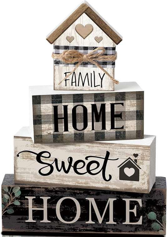 Moucuny 4 Pcs Farmhouse Wooden Tabletop Decor Sweet Home Tiered Tray Decor Rustic Retro Wood House Shaped Block Sign Housewarming Gifts Neutral Centerpiece Farmhouse Table Sign for Home Shelf Mantle