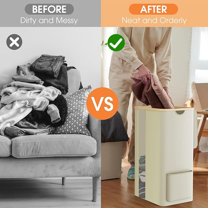 SpaceTrove Laundry Basket Clothes Hamper with Lid and Pocket Large Collapsible Laundry Baskets with Handle, Freestanding Hampers for Bedroom Aesthetic, Dorm, Bathroom, Laundry Room (100L, Beige)